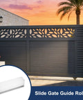 2 Pack Sliding Gate Guide Roller Set With Nylon Wheels And Ball Bearings 1.89 Inch Diameter White Includes C Post Welded Bracket Built To Last Rustproof Gate Roller Assembly For Sliding Doors displayed in outdoor setting with gate