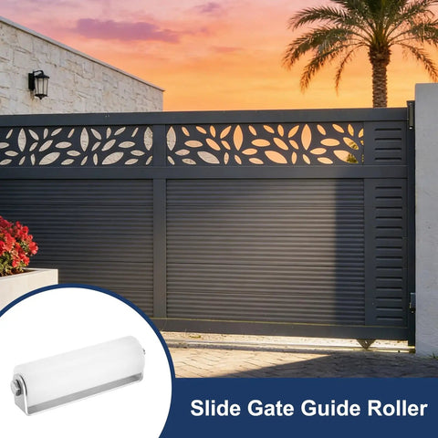 2 Pack Sliding Gate Guide Roller Set With Nylon Wheels And Ball Bearings 1.89 Inch Diameter White Includes C Post Welded Bracket Built To Last Rustproof Gate Roller Assembly For Sliding Doors displayed in outdoor setting with gate