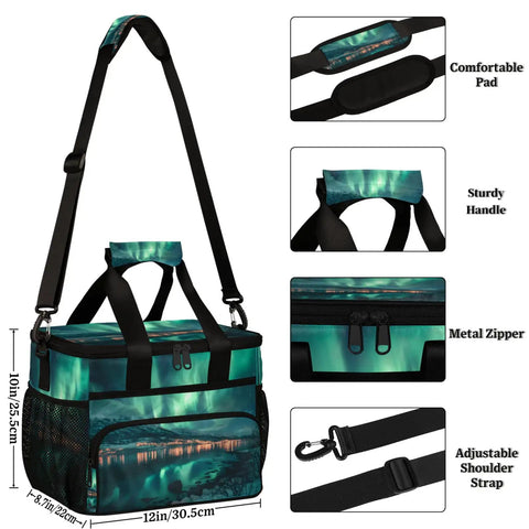 Insulated Picnic Backpack Lunch Bag For Women And Men, Large 12x9x10 Inch Tote with shoulder strap, handle, and zipper details