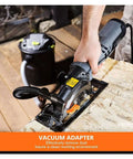 Hardcore Mini Circular Saw Kickin Up Smooth Cuts With 5.8 Amp Motor And 3500 RPM Speed features vacuum adapter for cleaner cuts.