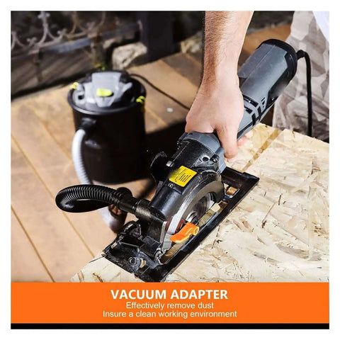 Hardcore Mini Circular Saw Kickin Up Smooth Cuts With 5.8 Amp Motor And 3500 RPM Speed features vacuum adapter for cleaner cuts.