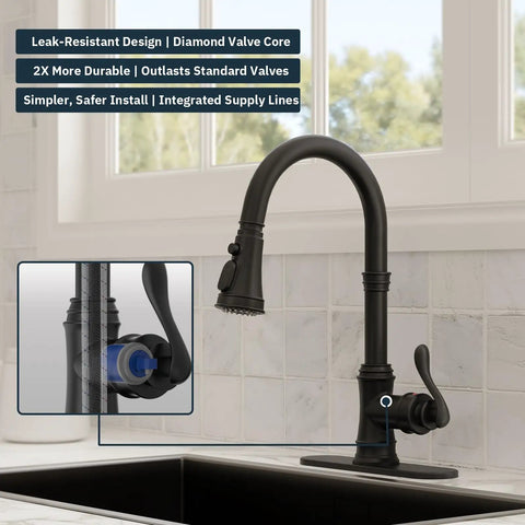 Solid Brass Kitchen Faucet With Pull Down Sprayer High Arc Single Handle Farmhouse Sink Faucet 3 Spray Modes in black