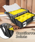 18 Inch Cantilever Tool Box Organizer With Removable Trays Portable Plastic Case open showing yellow compartments on a wooden surface
