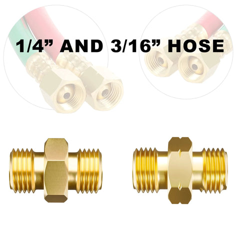 Front view: two brass welding hose adapters with 9/16-18 LH/RH threads for oxygen-acetylene twin hose