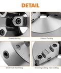 Detail of Eight Inch Three Jaw Lathe Chuck Self Centering Hardened Steel Rock Solid Pro Grade High Precision With T Key Mounting Bolts 180mm Bolt Circle And 65mm Center Hole for various machining operations.