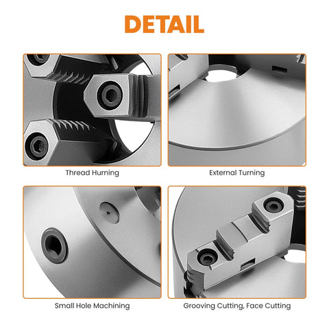 Detail of Eight Inch Three Jaw Lathe Chuck Self Centering Hardened Steel Rock Solid Pro Grade High Precision With T Key Mounting Bolts 180mm Bolt Circle And 65mm Center Hole for various machining operations.