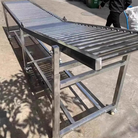 Heavy Duty Adjustable Height Roller Stands Rock Solid Conveyor Support Legs For Table Saws And Woodworking Shops showing stainless steel construction.