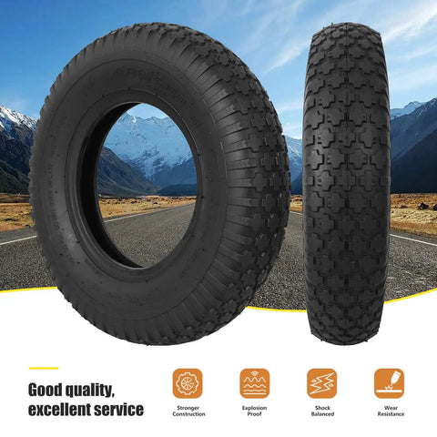 4.80/4.00-8 Tire And Inner Tube Replacement For Wheelbarrows Hand Trucks Lawn Mowers Dollies Wagons Go Karts Trailers And Utility Carts Premium Rubber 2 Pack, front and side view of tire on road