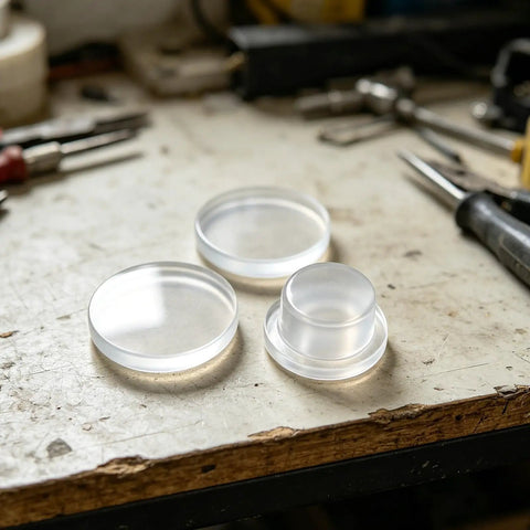 3 Pack Silicone Door Stoppers For Wall Protection With Adhesive Cylindrical Knob Shields on a workbench