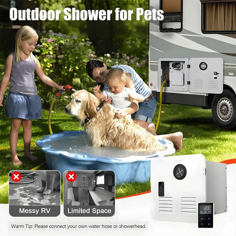 Tankless Gas Water Heater 65000 Btu 2.8 Gpm Instant Hot Water For Rv Camper Van Trailer Camping Life Say Goodbye To Cold Showers Keeps Your Outdoor Trips Rolling Smooth And Warm being used for outdoor pet shower with kids.