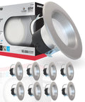 Color Selectable LED Downlight Retrofit 9 Watt 5 To 6 Inch Dimmable 120 Volt Brushed Nickel Finish Ideal For Industrial And Commercial Spaces Pack Of 8 shown with packaging