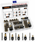 Zero Hassle Carbon Steel Rivet Nut Tool Set Loaded With M3 Through M8 Metric Heads in clear storage case, showcasing various sizes.