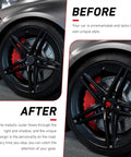 Before and after comparison of Four Pack Car Wheel Center Hub Caps With Metallic Skull Badge on a sporty vehicle.