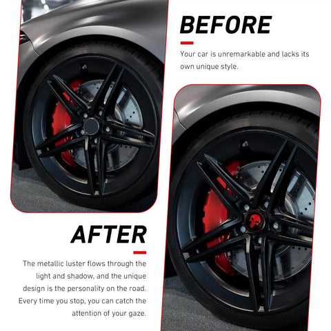 Before and after comparison of Four Pack Car Wheel Center Hub Caps With Metallic Skull Badge on a sporty vehicle.