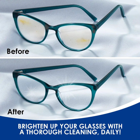 Before and after comparison of glasses cleaned with Heavy Duty Ultrasonic Eyeglass Cleaner Concentrate 16 Oz Solution.