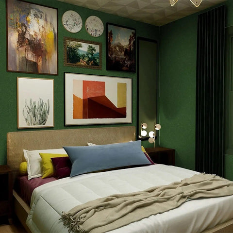 Bedroom with art gallery wall and white bedding against green accent wall, featuring White Peel And Stick Wallpaper 15.7 By 118 Inches Self Adhesive Embossed Textured Vinyl Film For Kitchen Cabinets And Shelves Removable Contact Paper With Thick Adhesive Easy Install Sticks Great Durable And Tear Resistant.