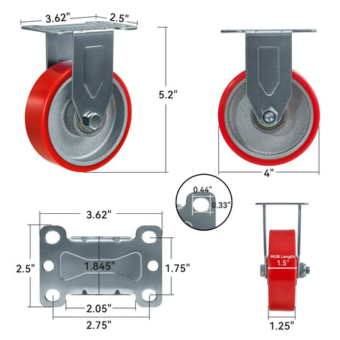 Ultra Heavy Duty 4 Inch Caster Wheels Set Of 4 Tough As Nails Polyurethane On Cast Iron displaying dimensions and details.
