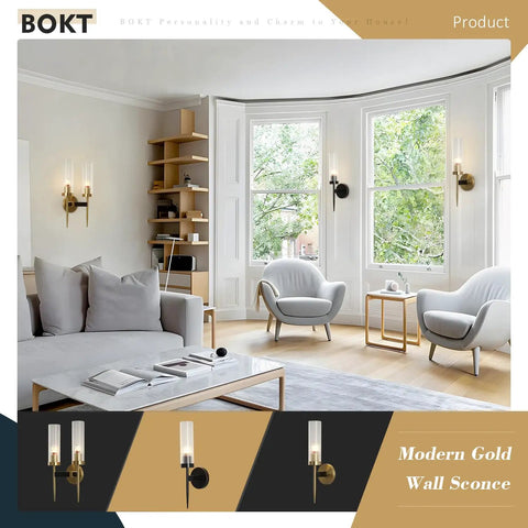 Mid Century Modern Gold Wall Light With Cylinder Glass Shade Brushed Brass Finish Long Wall Sconce in stylish living room