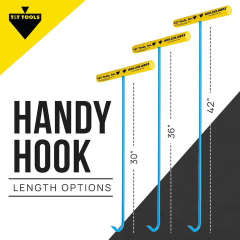 Three hand hooks in 30, 36, and 42 inches with blue handles and yellow grips for manhole covers and septic tanks