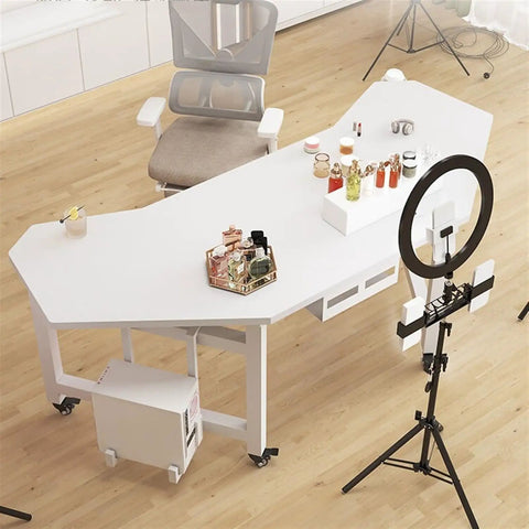 Heavy Duty Rolling Computer Desk With Slick Waterproof Top And Rock Solid Steel Frame Built Different For Ergonomic Gaming Rigs And Home Office Setups With Smooth Glide Wheels In Black, featuring a white surface and decorative items.