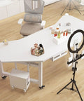 Slick Rolling Gaming Desk With Beast Mode Steel Base And Smooth Locking Casters For Livestream Creator Setup Large White Pc Worktable Heavy Duty Office Bench 200X85Cm with ring light and decor.