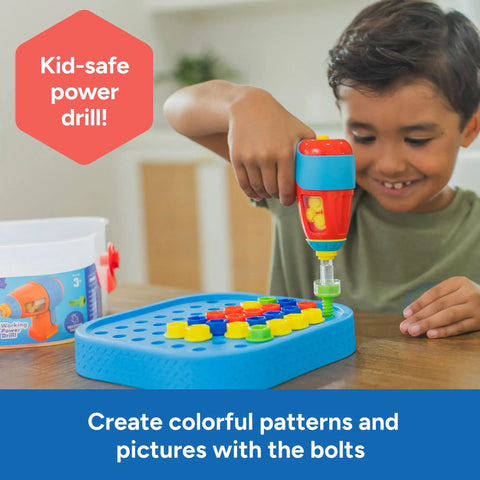 Child using Design And Drill Bolt It Bucket Construction Toys For Toddlers And Kids Tool Set With Real Electric Drill Toy on table