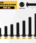 Premium Heavy Duty Size 10-24 Black Button Head Hex Socket Cap Screws 100 Pack Includes 1/8 Inch Allen Wrench Smooth Finish 304 Stainless Steel No Sweat Setup, sizes shown from 1/2 inch to 1-1/2 inch.