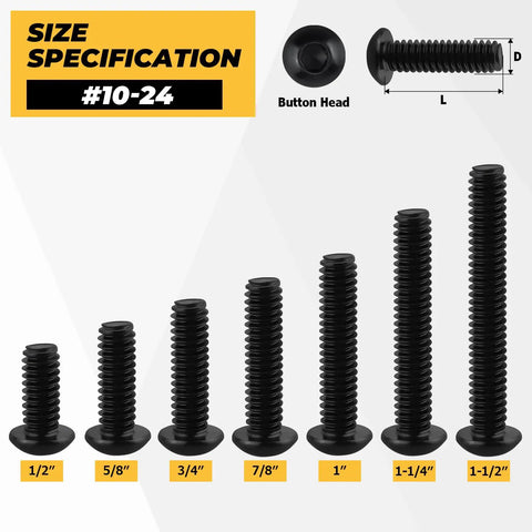 Premium Heavy Duty Size 10-24 Black Button Head Hex Socket Cap Screws 100 Pack Includes 1/8 Inch Allen Wrench Smooth Finish 304 Stainless Steel No Sweat Setup, sizes shown from 1/2 inch to 1-1/2 inch.