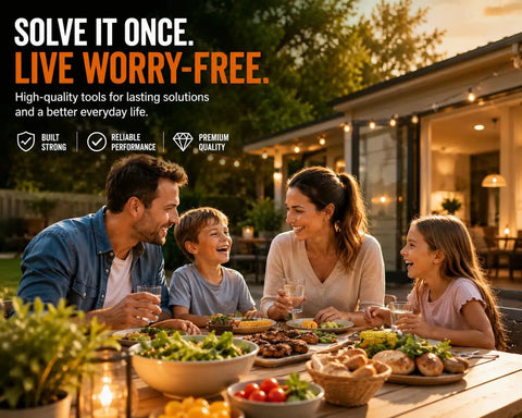 Family enjoying dinner outdoors at a wooden table, with various dishes and drinks, in a cozy evening setting.