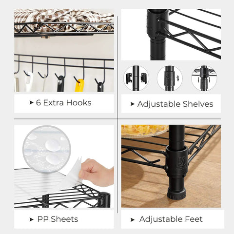 Sleek Adjustable Baker Rack Featuring Four Roomy Tiered Shelves And Six Sturdy Hanging Hooks Delivering A Straight Up Kitchen Game Changer For Counter Storage