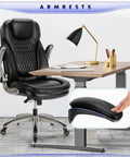 Ergonomic Executive Office Chair For Home And Desk, High Back Leather Swivel Chair With Padded Flip Up Armrests, Black