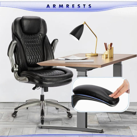 Ergonomic Executive Office Chair For Home And Desk, High Back Leather Swivel Chair With Padded Flip Up Armrests, Black