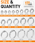650 Piece Single Ear Hose Clamp Kit With Ear Pincer, 17 Sizes Ranging 5.3mm To 33.1mm, 304 Stainless Steel Crimp Clamps Diagram