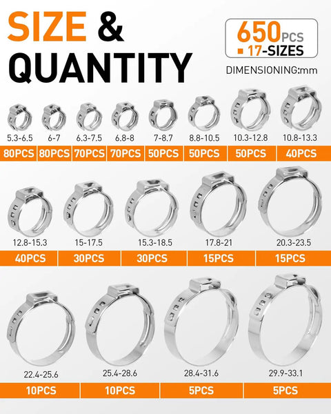 650 Piece Single Ear Hose Clamp Kit With Ear Pincer, 17 Sizes Ranging 5.3mm To 33.1mm, 304 Stainless Steel Crimp Clamps Diagram