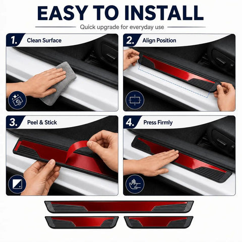 Installation steps for Ford Edge Door Sill Guards 4 Piece Set Glossy Red Peel And Stick Entry Trim Protectors with illustration.