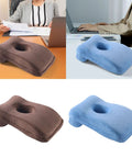 Office Napping Pillow For Neck Support, Ultra Lightweight And Comfy, travel-friendly desk pillow in brown and blue, shown on desks.