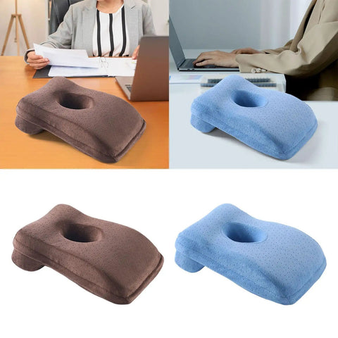 Office Napping Pillow For Neck Support, Ultra Lightweight And Comfy, travel-friendly desk pillow in brown and blue, shown on desks.