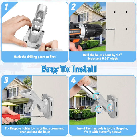 Steps to install a 1 Inch Flag Pole Holder For Outdoor House Use, Heavy Duty Aluminum 2 Position Flag Pole Bracket Mount With 3 Fixed Holes