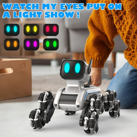 SIMREX robot dog RC toy with silver plastic body, blue LED eyes, and multi-wheeled Mecanum legs (front view)