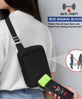 Person wearing black Sling Bag With RFID Blocking, Ultra Lightweight Travel Chest Pack, ideal for airports and adventures