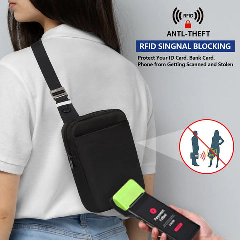 Person wearing black Sling Bag With RFID Blocking, Ultra Lightweight Travel Chest Pack, ideal for airports and adventures