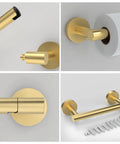 Gold 2 Pack Pivoting Toilet Paper Holder In SUS304 Stainless Steel Wall Mounted Double Post Tissue Roll Holder For Commercial Bathrooms And RVs Rustproof And Built To Last, showing various detailed views of the holder with mounting hardware.