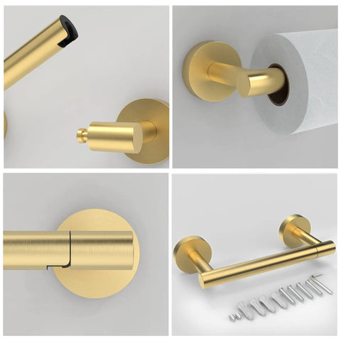 Gold 2 Pack Pivoting Toilet Paper Holder In SUS304 Stainless Steel Wall Mounted Double Post Tissue Roll Holder For Commercial Bathrooms And RVs Rustproof And Built To Last, showing various detailed views of the holder with mounting hardware.