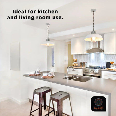 Modern kitchen with hanging lights above counter, features GU24 Base 23W CFL Bulbs 1600 Lumens Warm White 3500K, 2-Pin Twist Lock.