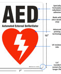 Front view of Brimar AED sign label, 7 x 10 inches, 3.5 mil InfiniStick vinyl with red heart and lightning bolt