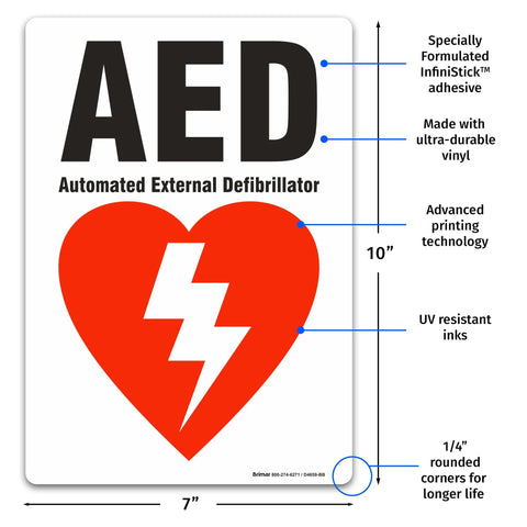 Front view of Brimar AED sign label, 7 x 10 inches, 3.5 mil InfiniStick vinyl with red heart and lightning bolt