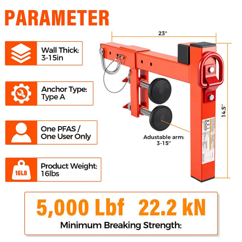 Detailed view of Heavy Duty Parapet Anchor Fall Protection Non Penetrating Rooftop Safety Wall Clamp with specifications.