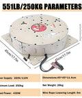 Heavy Duty Electric Chandelier Hoist Lifter System For Villas With Remote Control For Cleaning Fixture Maintenance 551 Lbs Capacity Steel Wire with parameters and dimensions.