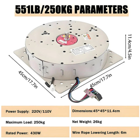 Heavy Duty Electric Chandelier Hoist Lifter System For Villas With Remote Control For Cleaning Fixture Maintenance 551 Lbs Capacity Steel Wire with parameters and dimensions.