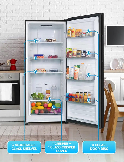 Interior view of 16.4 Cu Ft Convertible Refrigerator And Upright Freezer Energy Star Certified Auto Defrost with adjustable shelves.